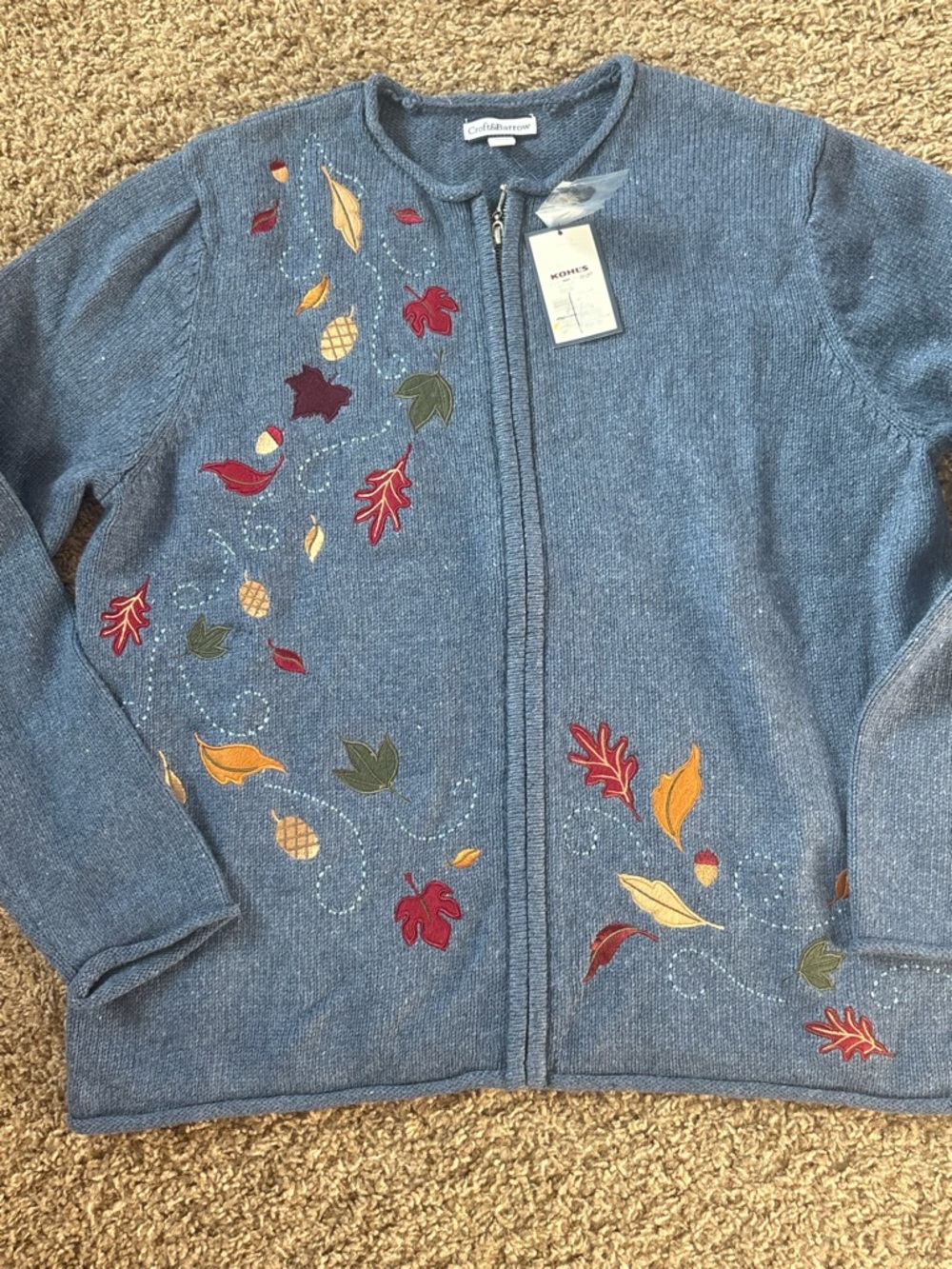 Women’s Cardigan Blue Embroidered Zip Jacket - Casual Fall Style NWT Large